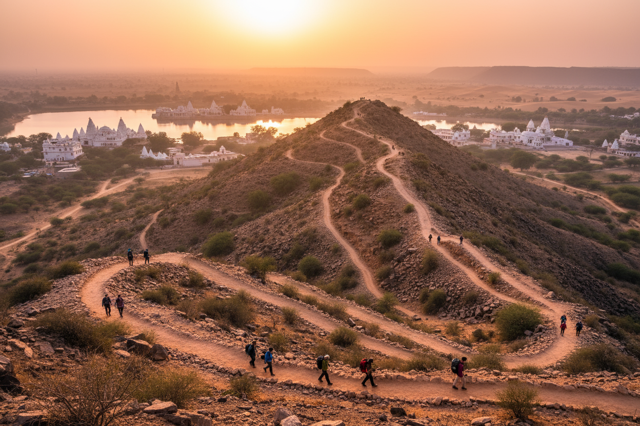 generate an image of pushkar which highlights the trekking trails in it 